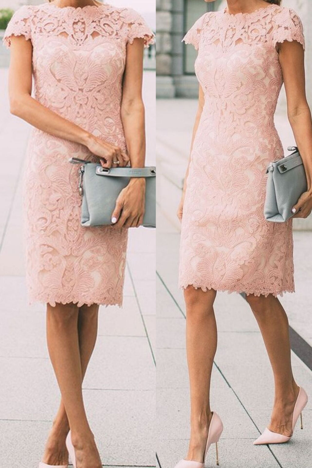 Elegantes vestidos de fiesta cortos con mangas cortas y encaje hasta la rodilla en color rosa 
