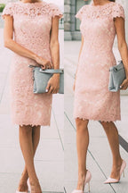 Elegantes vestidos de fiesta cortos con mangas cortas y encaje hasta la rodilla en color rosa 