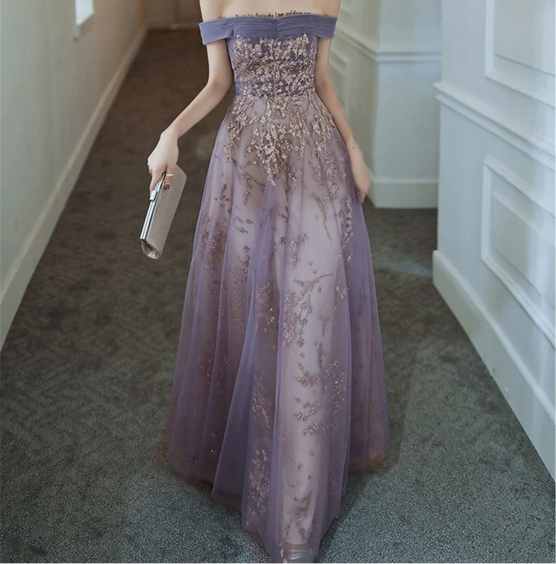Vestido de fiesta morado de ensueño, vestido de noche con hombros descubiertos, elegante vestido largo de banquete, vestido de fiesta sin mangas, vestido de graduación para niña Y4286