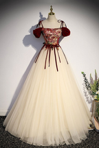 Champagner Tüll Spaghettiträger Langes Ballkleid A-Linie Party Ballkleid Y7952