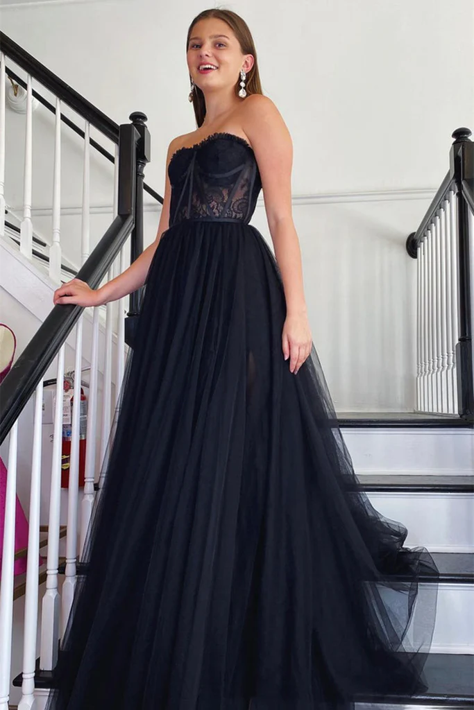 Trägerloses schwarzes Spitzen-Tüll-Langballkleid, schwarzes Spitzen-Formalkleid, schwarzes Abendkleid Y205