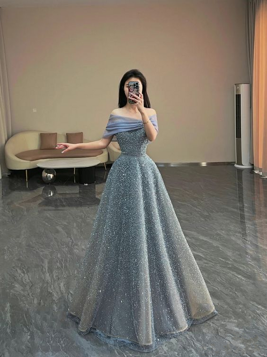 Lujoso vestido de noche de corte A con hombros descubiertos para fiesta de 18 cumpleaños Y6038