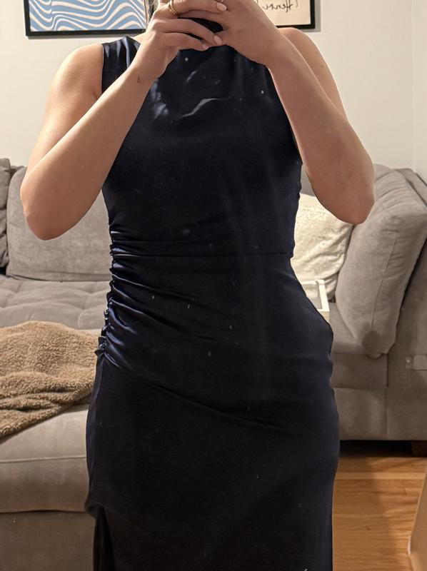 Elegante vestido de fiesta largo de satén con abertura alta, vestido formal de noche Y8451