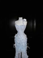 Vestido largo de fiesta de tul azul sueño con apliques de cuentas, vestido de noche de corte sirena con abertura, vestido de novia Y8668