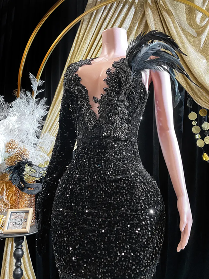 Schwarze Pailletten Strass Applikation Langarm Meerjungfrau Ballkleid Abendkleid Y8313