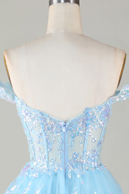 Sparkly Blue Corset Tiered Lace A-Line Short Homecoming Dress Y4083