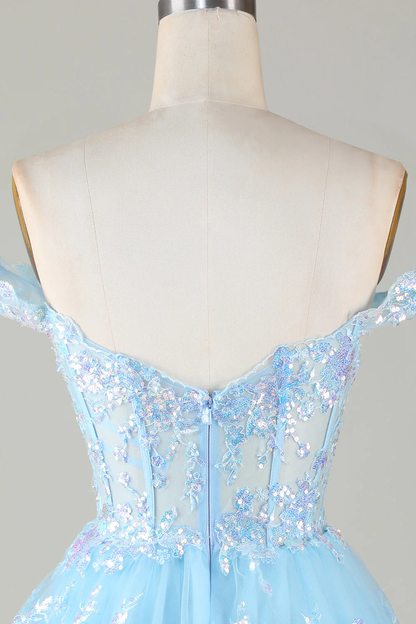 Funkelndes blaues A-Linien-Korsett-Kurzes Homecoming-Kleid aus gestufter Spitze Y4083