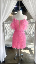 Charmantes Etuikleid mit Spaghettiträgern, rosa, kurz, Perlen, Federn, Homecoming-Kleid Y2866