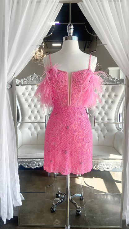 Vestido de fiesta corto con tirantes finos, color rosa, con plumas y cuentas, Y2866
