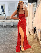 Glitzer Pailletten Ballkleider High Slit Abendkleid Königsblau Abendkleid Y75