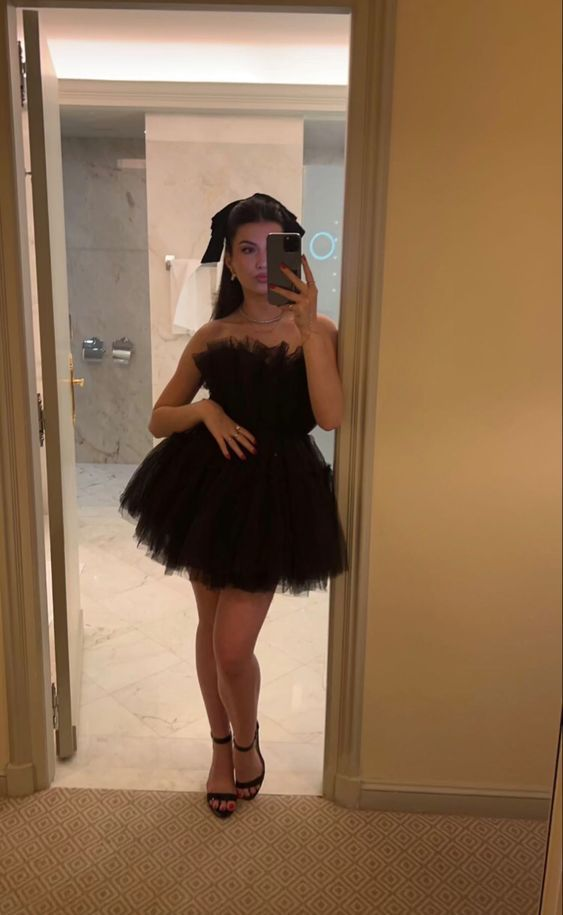 Schickes schwarzes Tüll-Mini-Ballkleid, sexy Homecoming-Kleid, Y7924