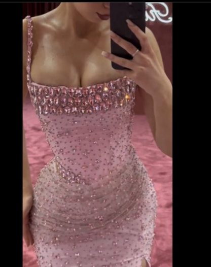 Vestido de noche con cuentas y corte sirena rosa, encantador, con tirantes finos y abertura, largo para fiesta de graduación Y7970