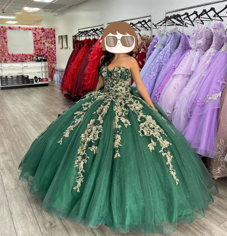 Vestidos de quinceañera con escote corazón verde, para cumpleaños, graduación, flores 3D, vestido de baile Y4437