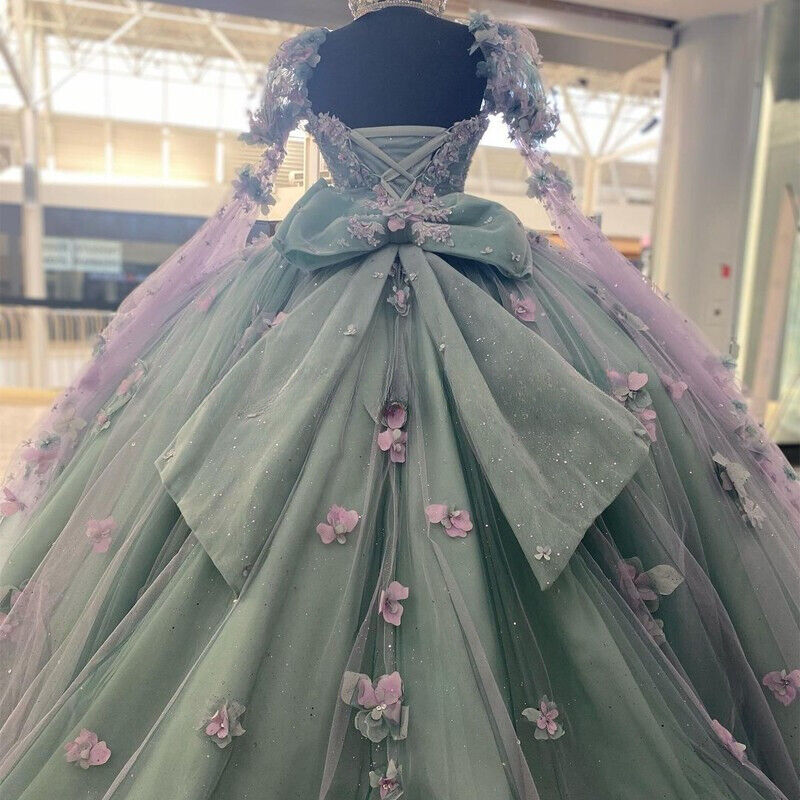 Vestido de quinceañera estilo princesa con escote corazón y cuentas, con flores 3D, Y2982