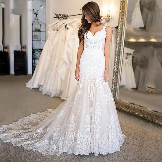Lace Applique V-neck Suspender Fishtail Long Skirt Wedding Dress Bridal Gown Sexy Sleeveless Dress Can Be Customized Color-payinti