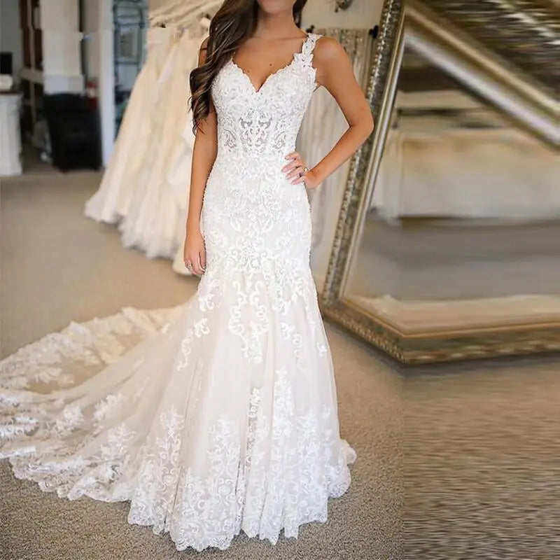 Lace Applique V-neck Suspender Fishtail Long Skirt Wedding Dress Bridal Gown Sexy Sleeveless Dress Can Be Customized Color-payinti