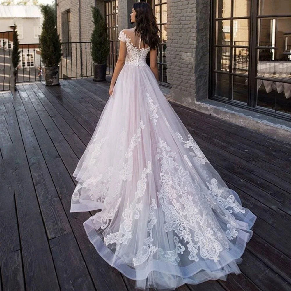 Lace Appliques Princess Bohomian Beach Wedding Dress Vestido De Noiva Cap Sleeve V-Neck Vestidos De Novia-payinti