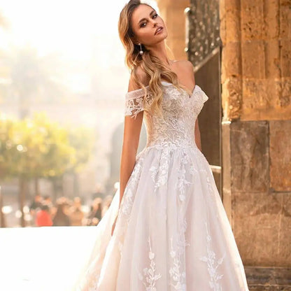 Lace Appliques Princess Wedding Dress Vestido De Noiva V-Neck Vestidos De Novia-payinti