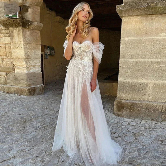 Lace Boho High Fork Wedding Dresses A Line Off The Shoulder Beach Sweetheart Bride Dresses Custom Made To Measures Floor Length-payinti