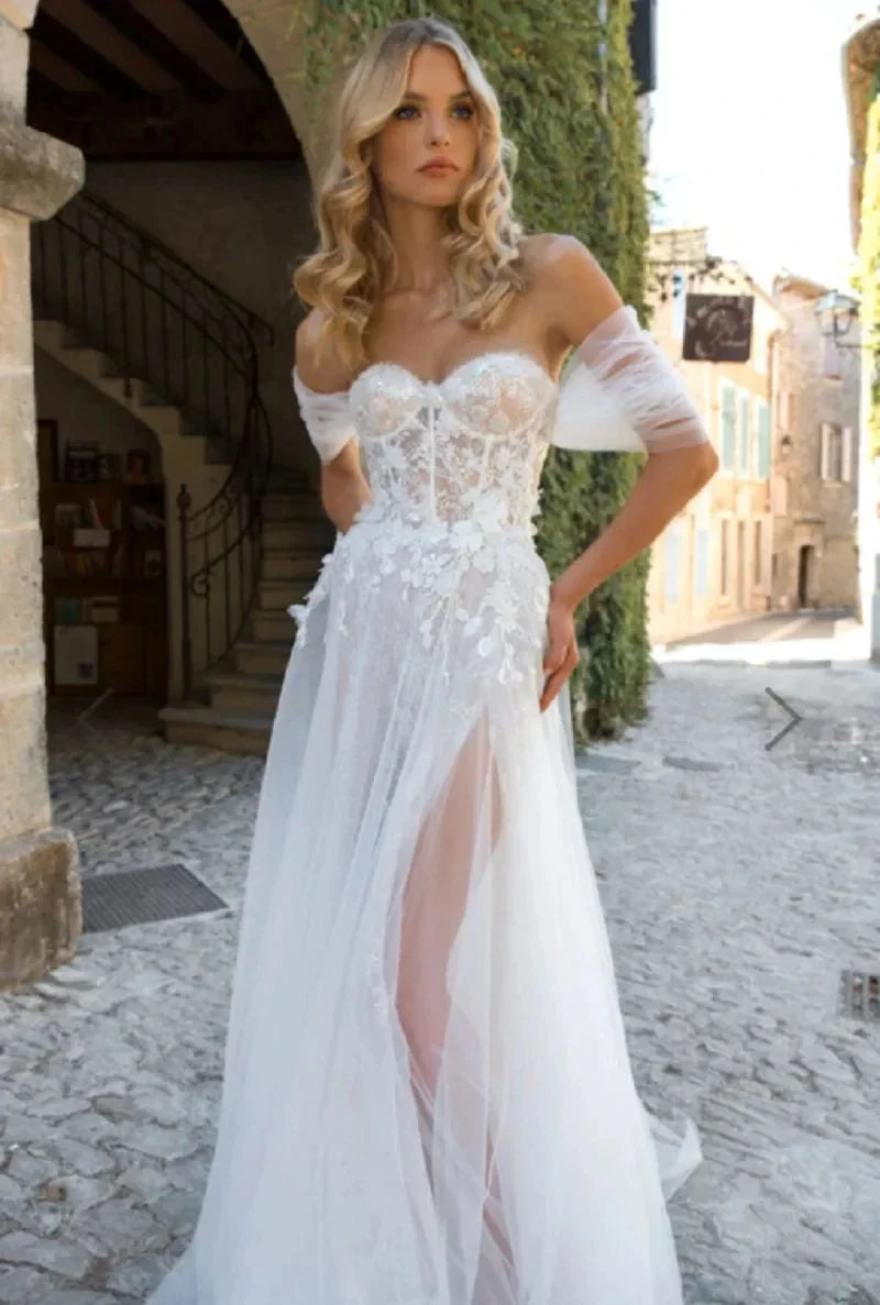 Lace Boho High Fork Wedding Dresses A Line Off The Shoulder Beach Sweetheart Bride Dresses Custom Made To Measures Floor Length-payinti