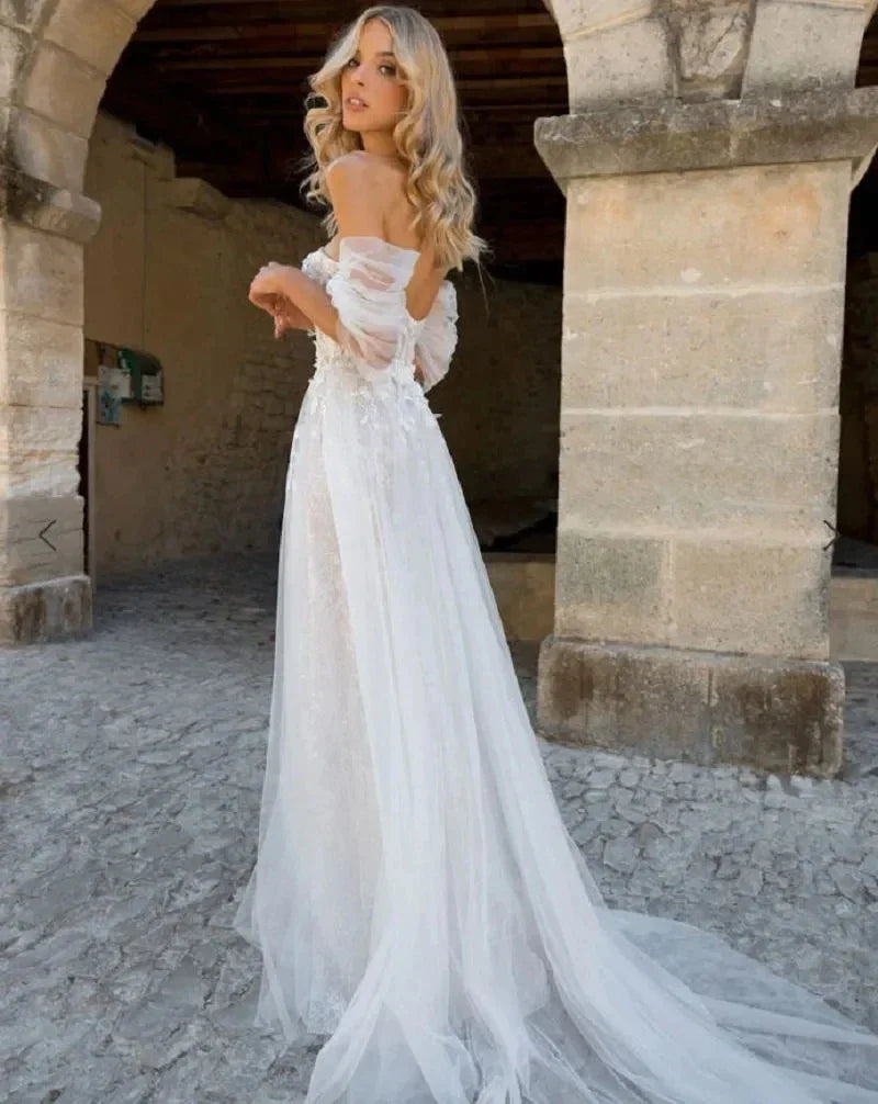 Lace Boho High Fork Wedding Dresses A Line Off The Shoulder Beach Sweetheart Bride Dresses Custom Made To Measures Floor Length-payinti