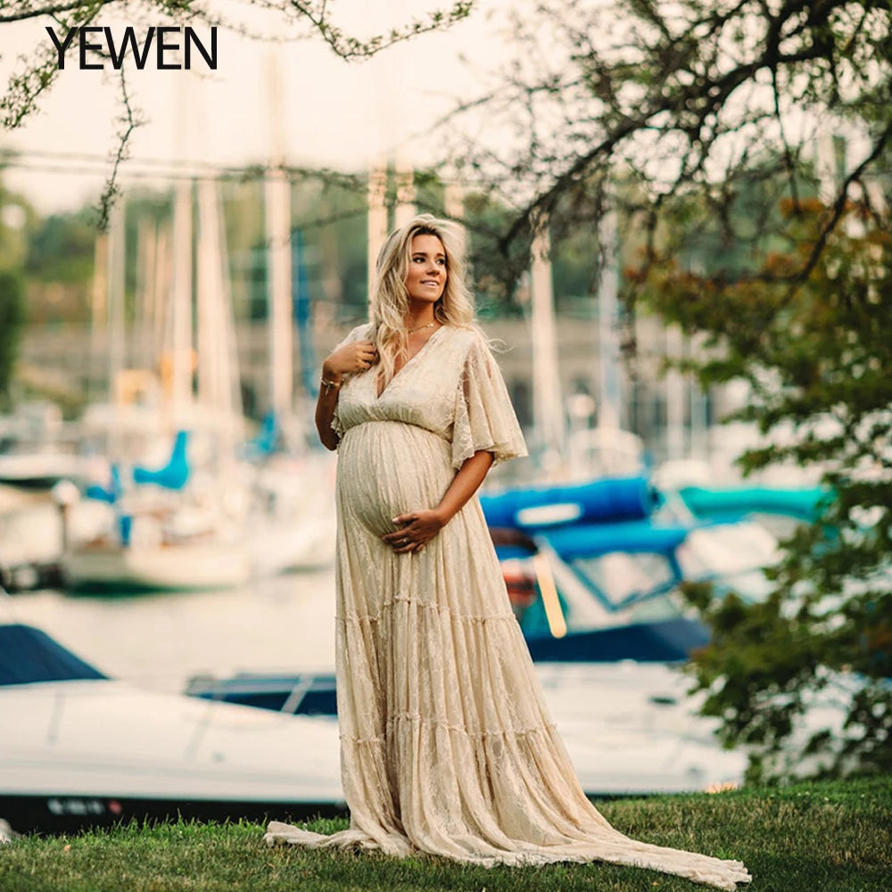 Spitzen-Umstandskleid im Bohemian-Stil für Babyparty-Fotoshootings und Hochzeiten – Boho-Umstandskleid mit halben Ärmeln, Sunnderly 