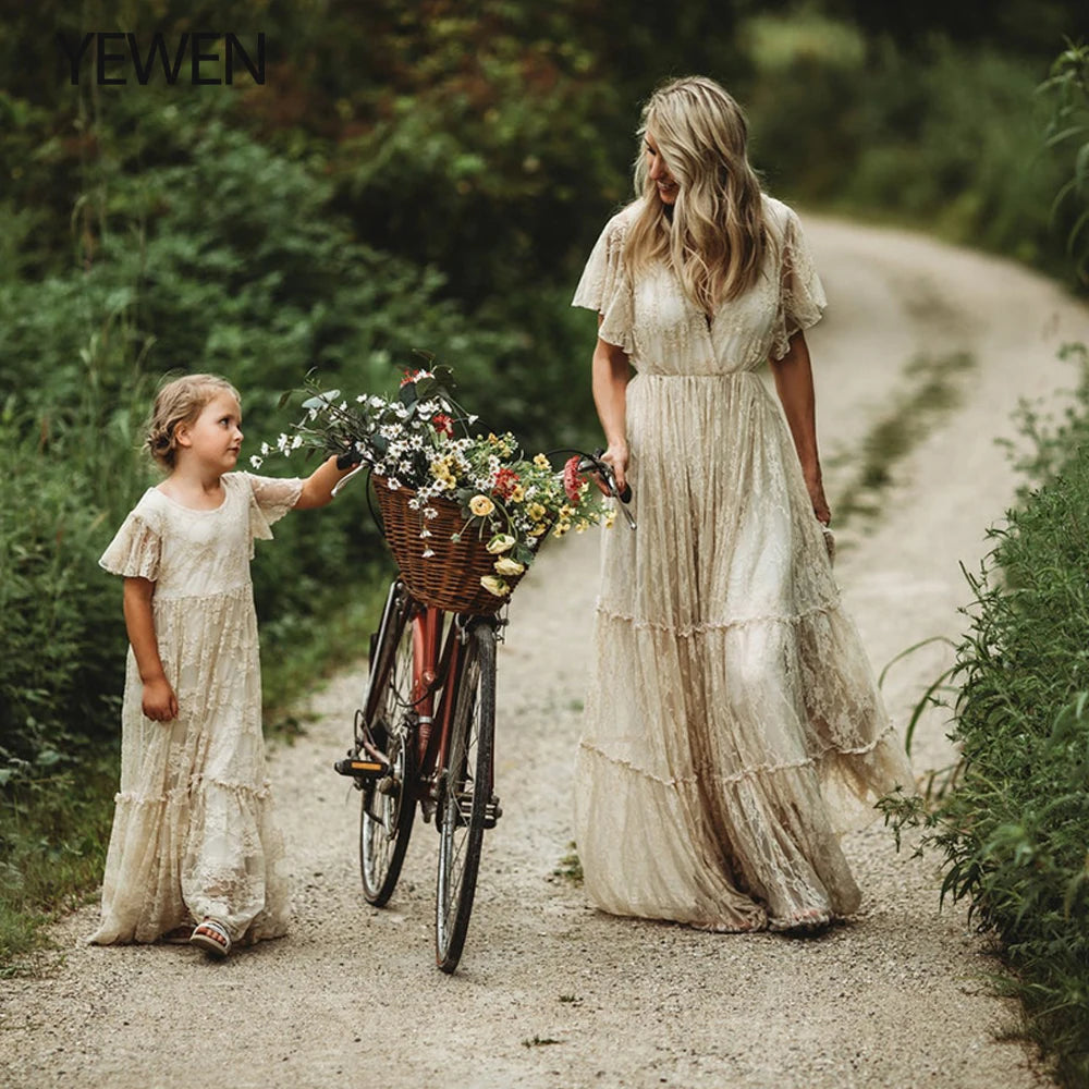 Spitzen-Umstandskleid im Bohemian-Stil für Babyparty-Fotoshootings und Hochzeiten – Boho-Umstandskleid mit halben Ärmeln, Sunnderly 