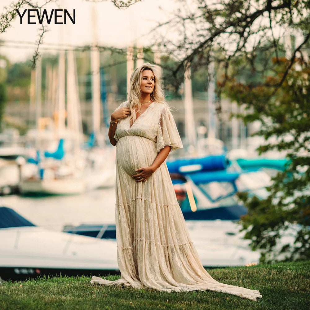 Spitzen-Umstandskleid im Bohemian-Stil für Babyparty-Fotoshootings und Hochzeiten – Boho-Umstandskleid mit halben Ärmeln, Sunnderly 