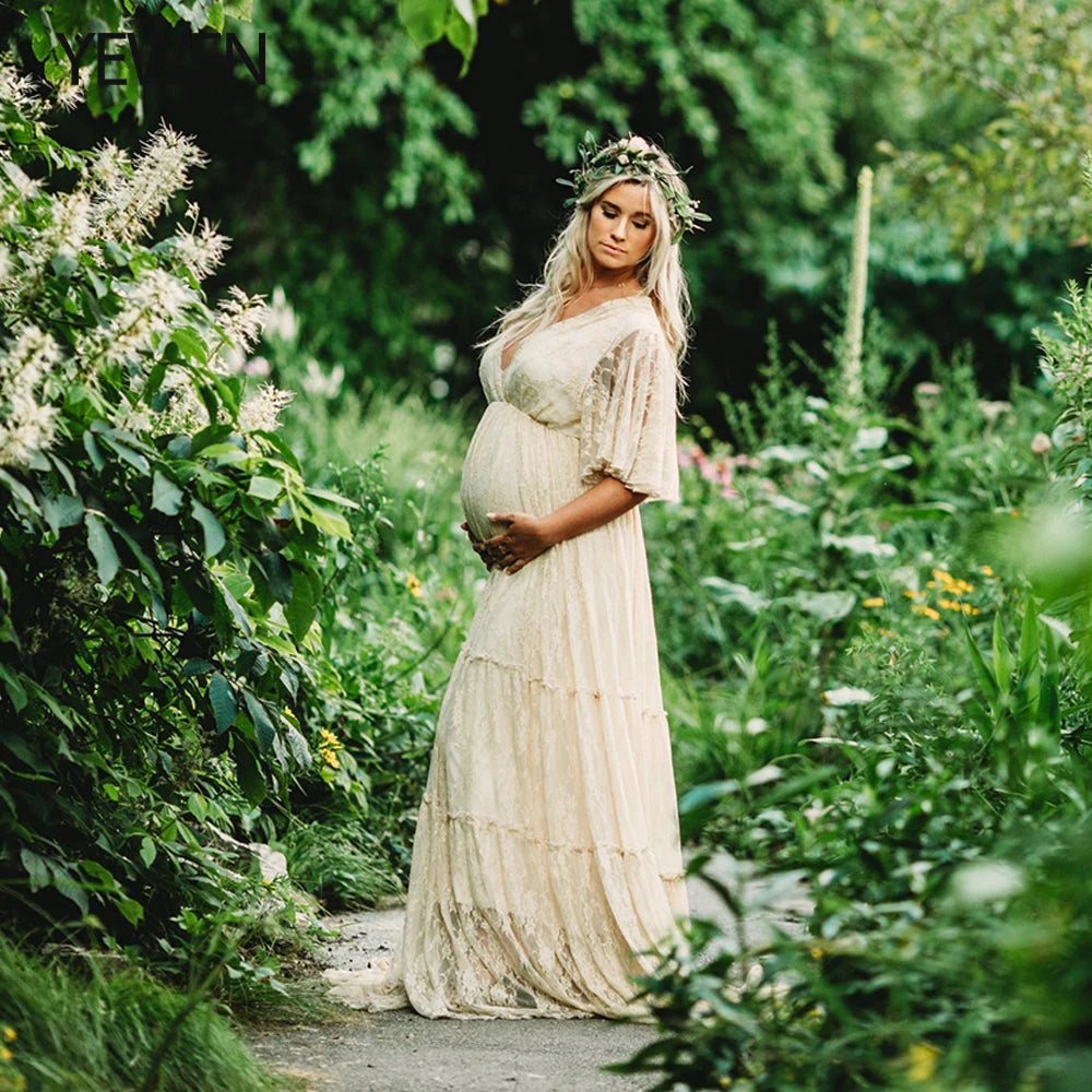 Spitzen-Umstandskleid im Bohemian-Stil für Babyparty-Fotoshootings und Hochzeiten – Boho-Umstandskleid mit halben Ärmeln, Sunnderly 