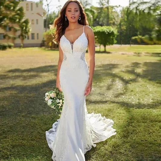 Lace Mermaid Wedding Dresses Sling Sexy V-Neck Women's Open Back Decal Sleeveless Button Long Bridal Gowns Church Sweeping Train-payinti