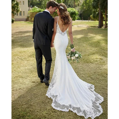 Lace Mermaid Wedding Dresses Sling Sexy V-Neck Women's Open Back Decal Sleeveless Button Long Bridal Gowns Church Sweeping Train-payinti