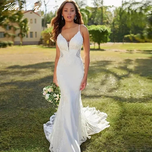 Lace Mermaid Wedding Dresses Spaghetti Straps Sexy V-Neck Backless Appliques Sleeveless Button Long Bride Gown Train Real Photos-payinti