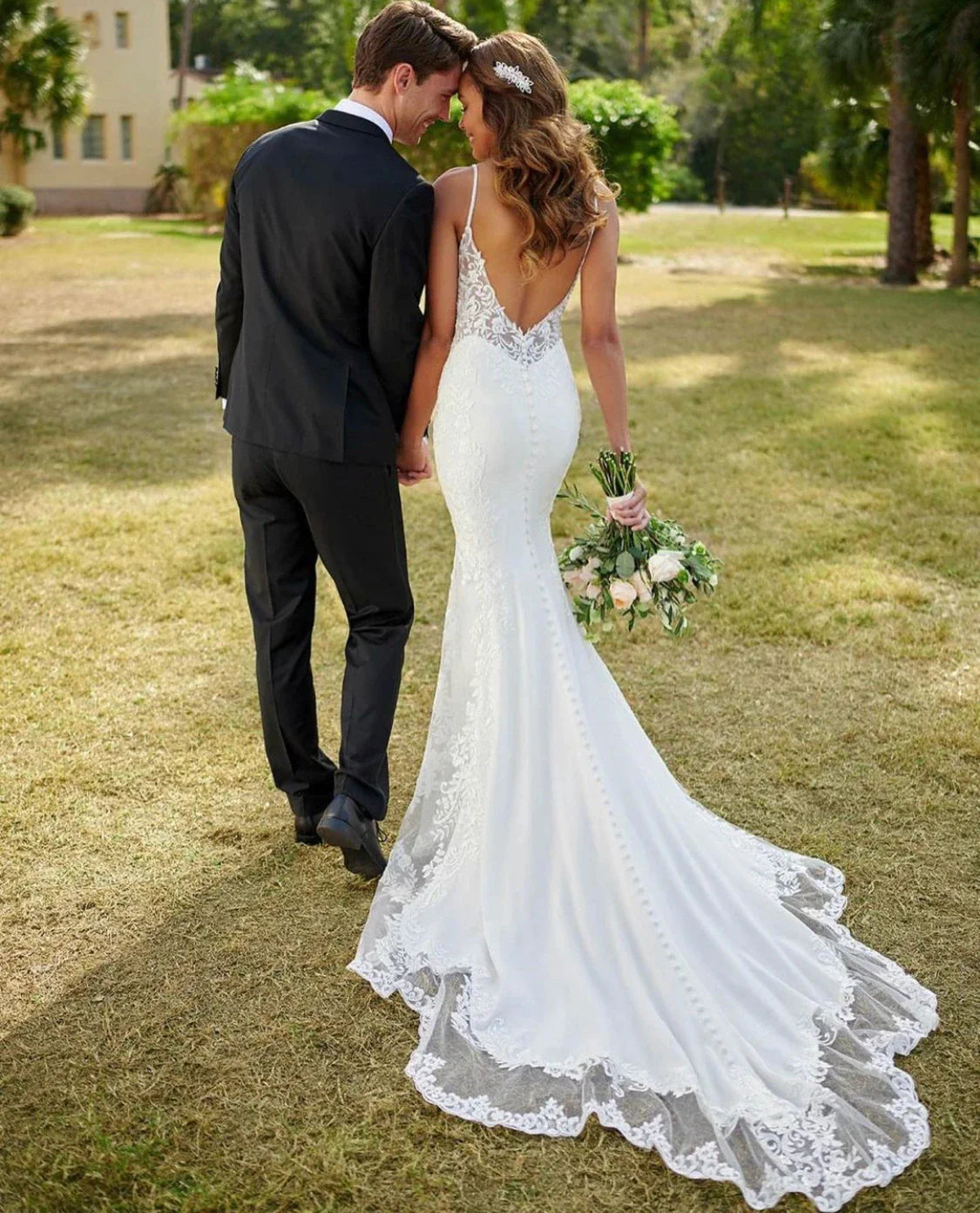Lace Mermaid Wedding Dresses Spaghetti Straps Sexy V-Neck Backless Appliques Sleeveless Button Long Bride Gown Train Real Photos-payinti