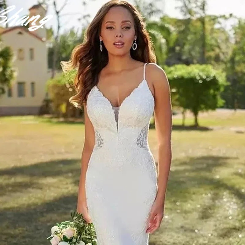 Lace Mermaid Wedding Dresses Spaghetti Straps Sexy V-Neck Backless Appliques Sleeveless Button Long Bride Gown Train Real Photos-payinti