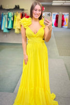 Lace-Up V-Neck Ruffle Pleated Long Prom Dress SYP180