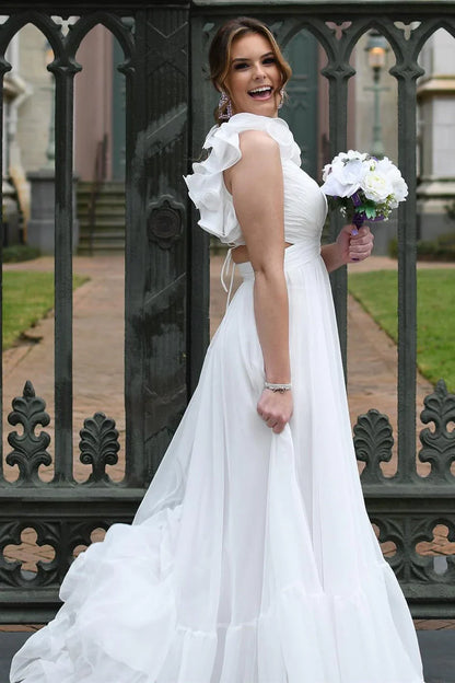 Langes Ballkleid mit Schnürung, V-Ausschnitt, Rüschen und Plissee SYP180