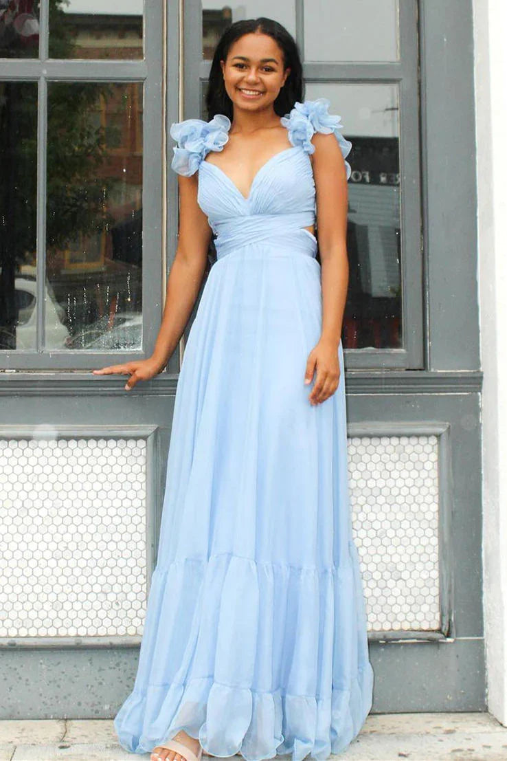 Langes Ballkleid mit Schnürung, V-Ausschnitt, Rüschen und Plissee SYP180