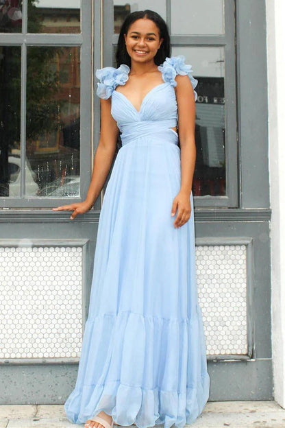 Langes Ballkleid mit Schnürung, V-Ausschnitt, Rüschen und Plissee SYP180