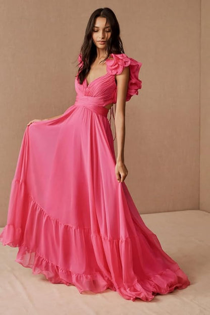 Langes Ballkleid mit Schnürung, V-Ausschnitt, Rüschen und Plissee SYP180