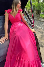 Lace-Up V-Neck Ruffle Pleated Long Prom Dress SYP180