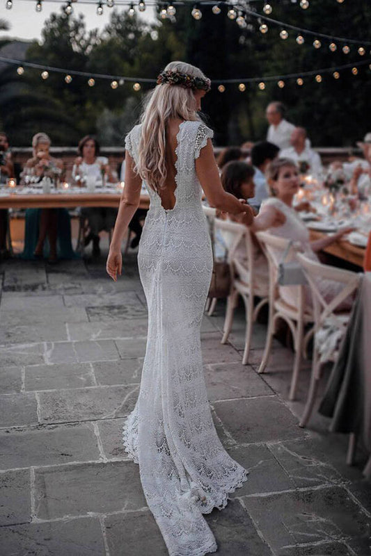 Roycebridal Lace Boho Mermaid Backless Cap Sleeve Bohemian Wedding Dresses ,MW265