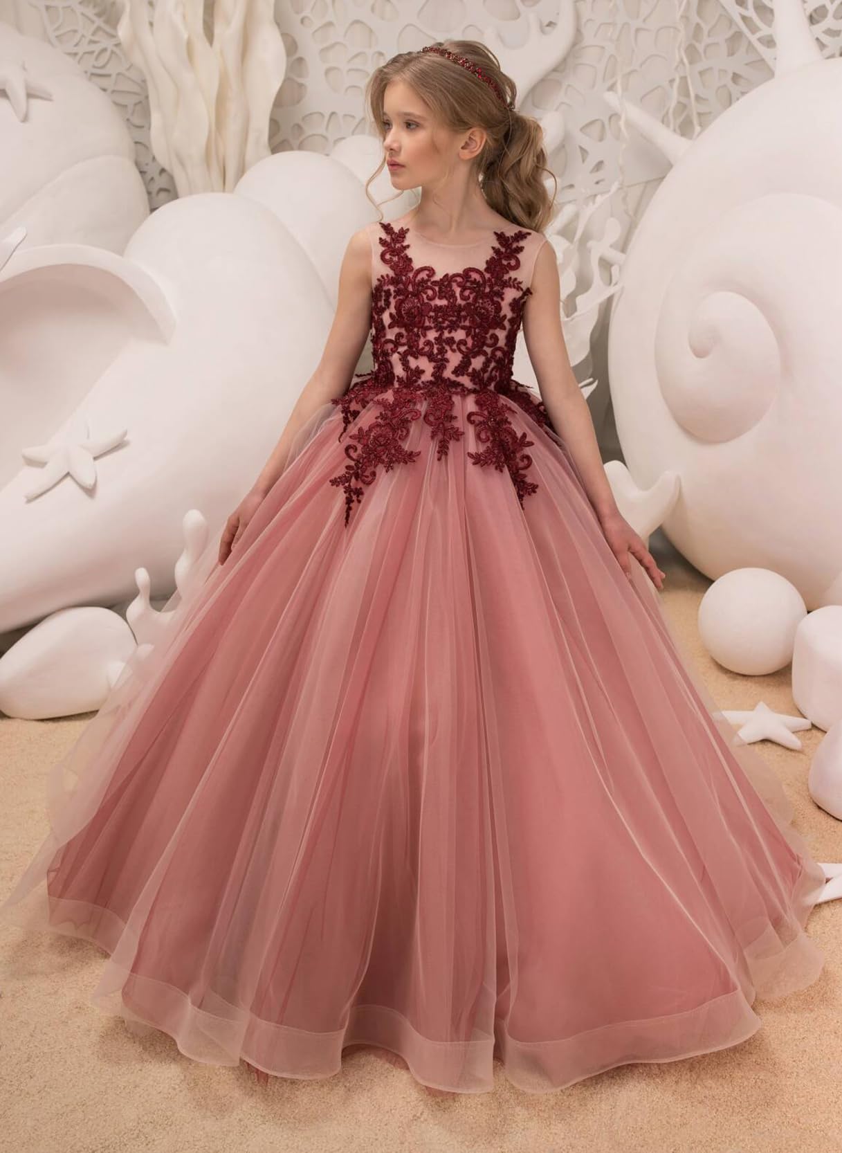 Blumenmädchenkleider aus Spitzentüll für Hochzeiten, Festkleid aus floraler Spitze für Teenager 