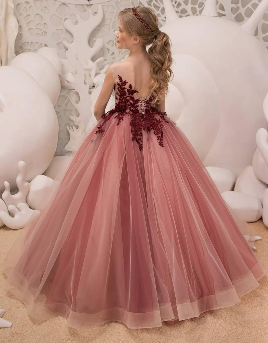Blumenmädchenkleider aus Spitzentüll für Hochzeiten, Festkleid aus floraler Spitze für Teenager 