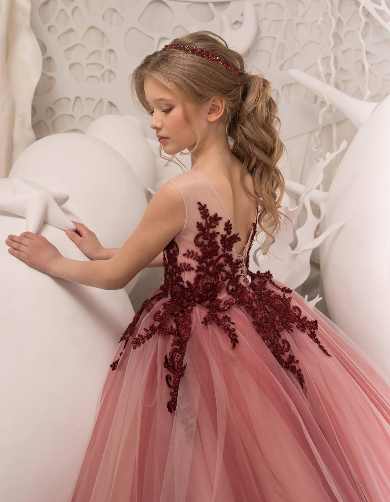 Blumenmädchenkleider aus Spitzentüll für Hochzeiten, Festkleid aus floraler Spitze für Teenager 
