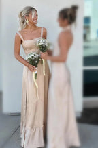 Vestido de dama de honor color champán, corte A, con cordones y abertura BD122