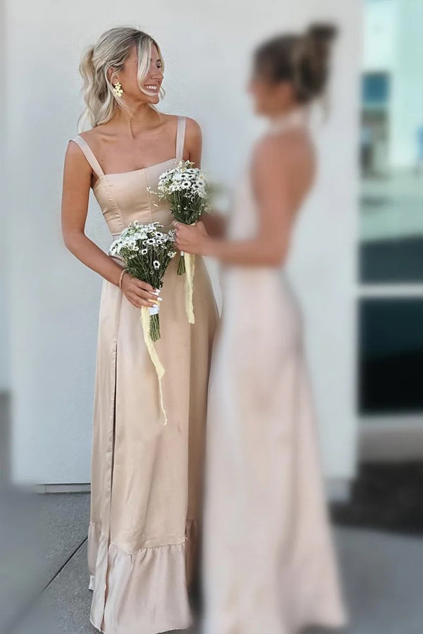 Vestido de dama de honor color champán, corte A, con cordones y abertura BD122