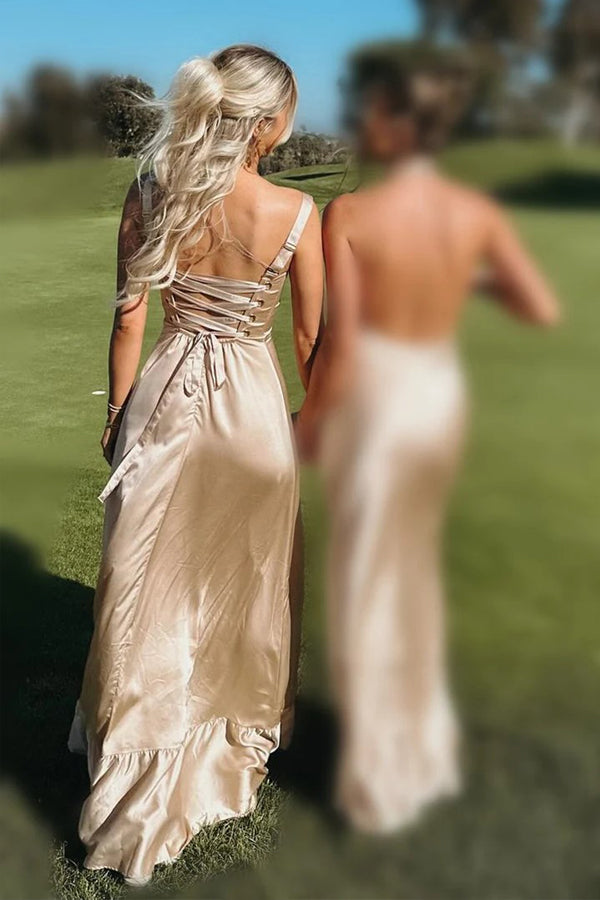 Vestido de dama de honor color champán, corte A, con cordones y abertura BD122