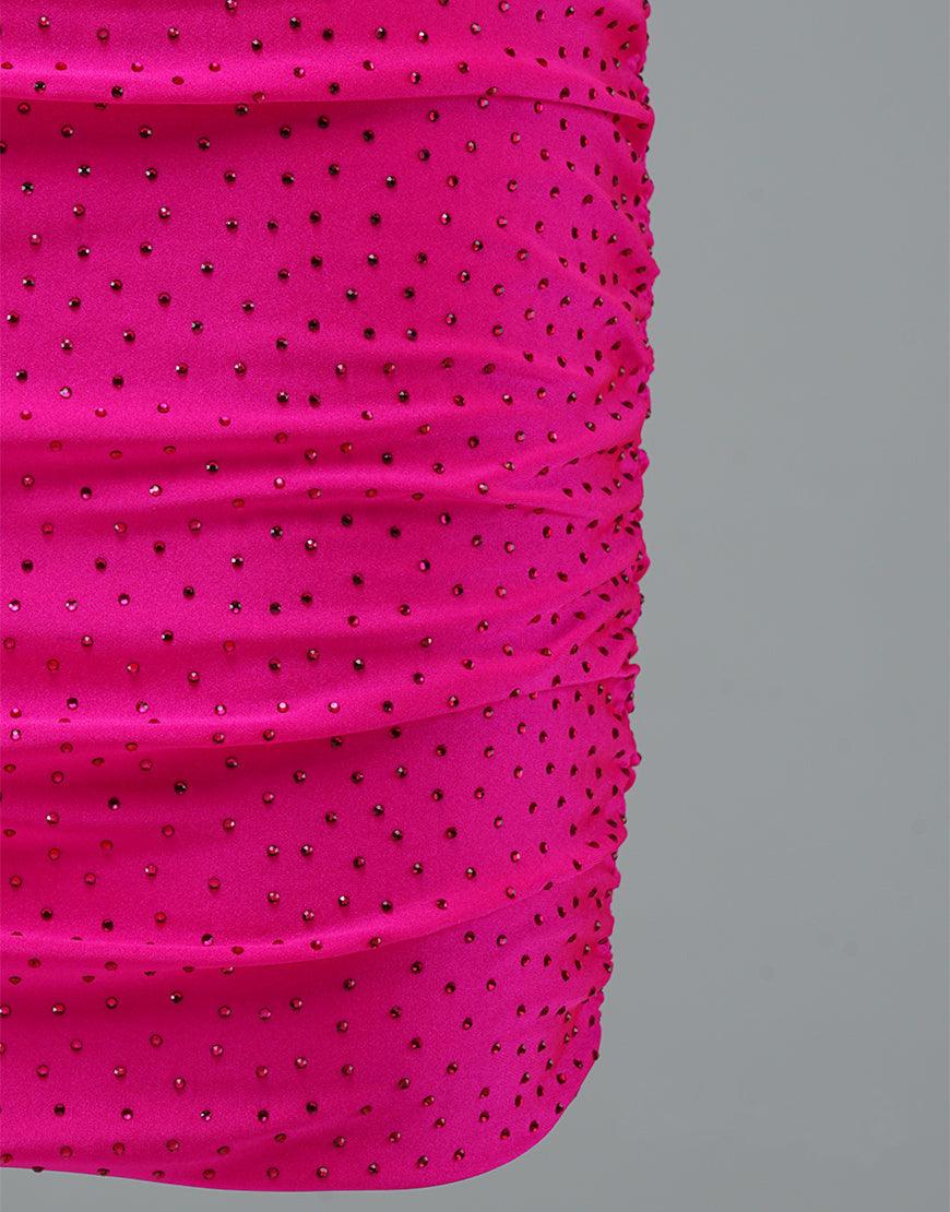 Vestido corto de fiesta rosa intenso con tirantes finos y encaje PD437