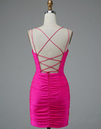 Vestido corto de fiesta rosa intenso con tirantes finos y encaje PD437