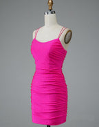 Vestido corto de fiesta rosa intenso con tirantes finos y encaje PD437